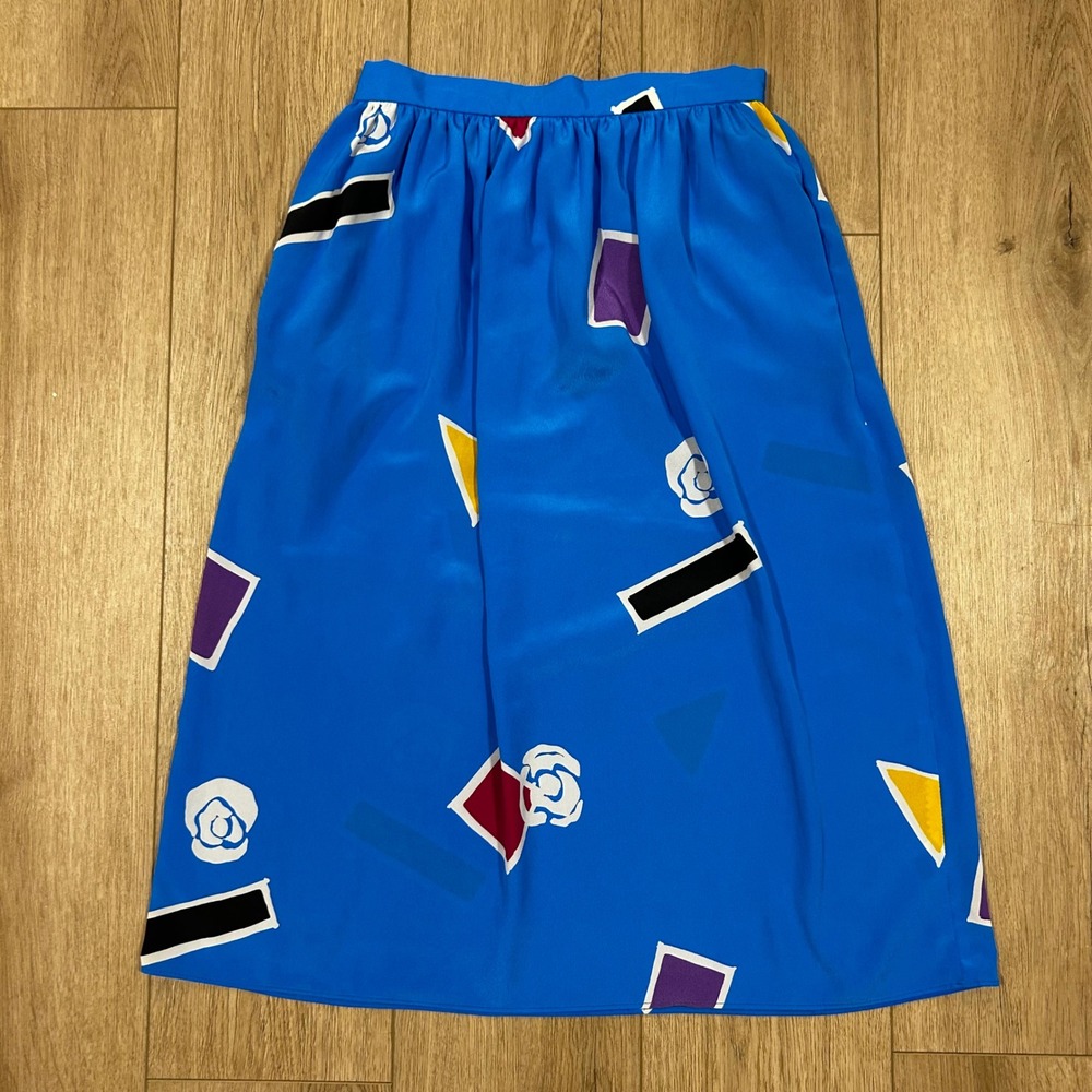 Vintage 80s Blue Geometric Pop Art Midi Skirt Abstract Memphis Design 26 Small 8 - Picture 2 of 5